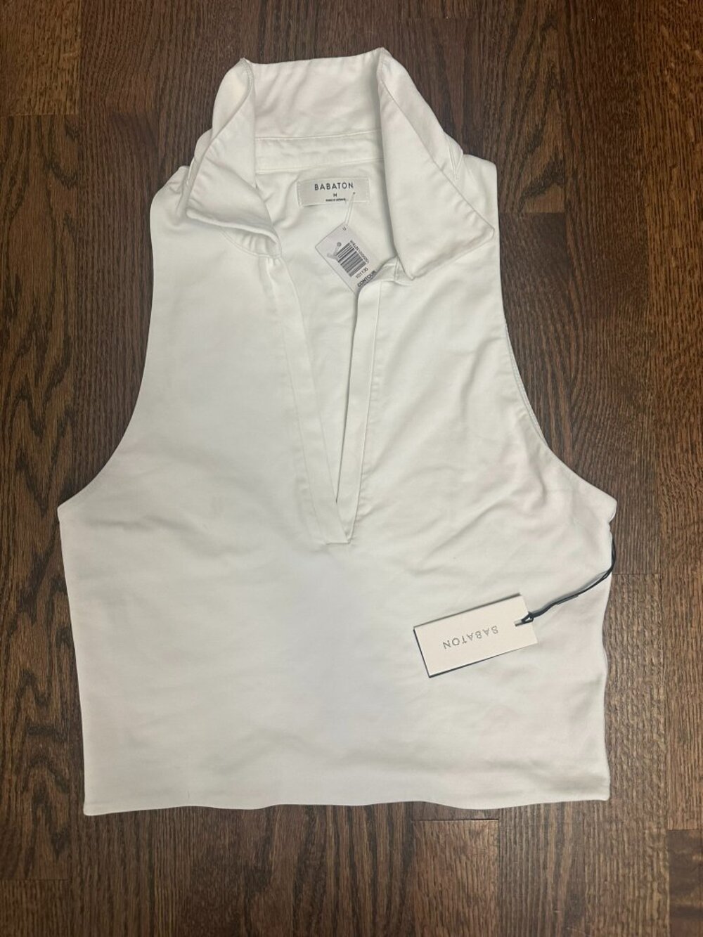 Babaton White Sleeveless Polo Crop Top – Ribbed Knit, V-Neck – Size S, NWT